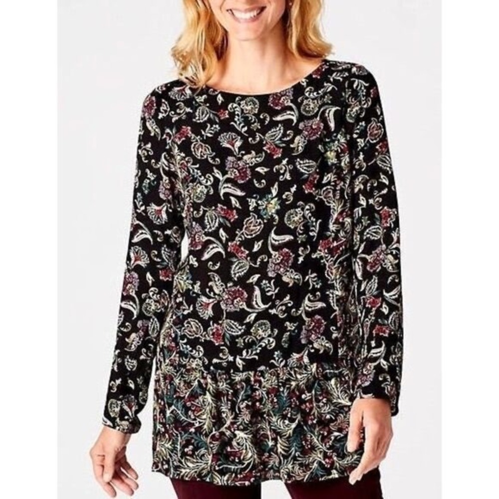 J Jill Black Floral Print Long Sleeve Tunic‎ Top Women's Plus Size 4X